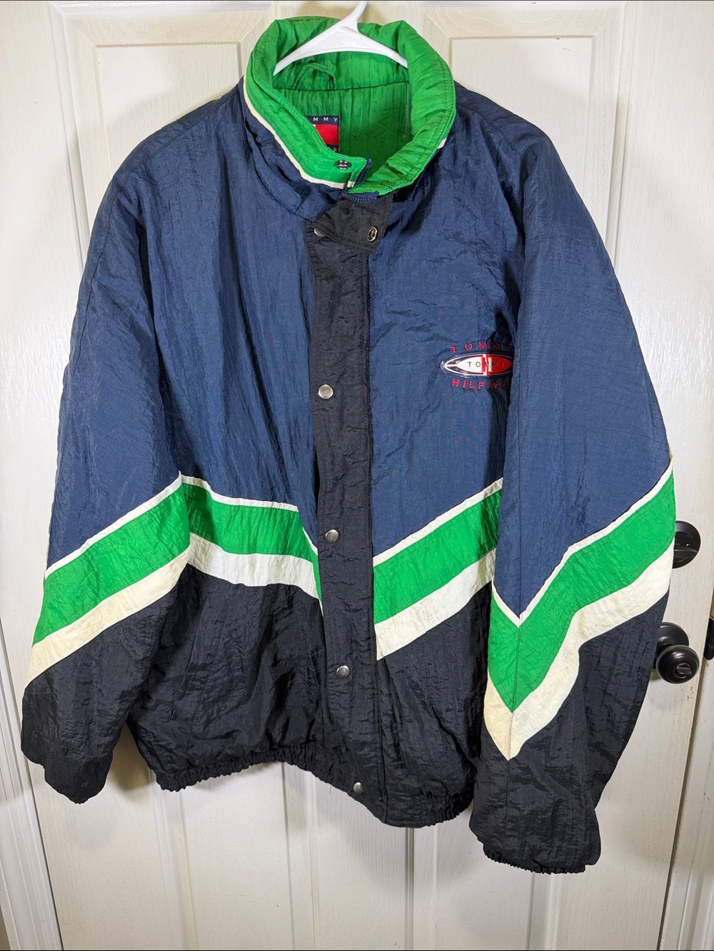 Vtg 90s Tommy Hilfiger Navy, Green & White Sailing Gear Jacket Missing Hood USA